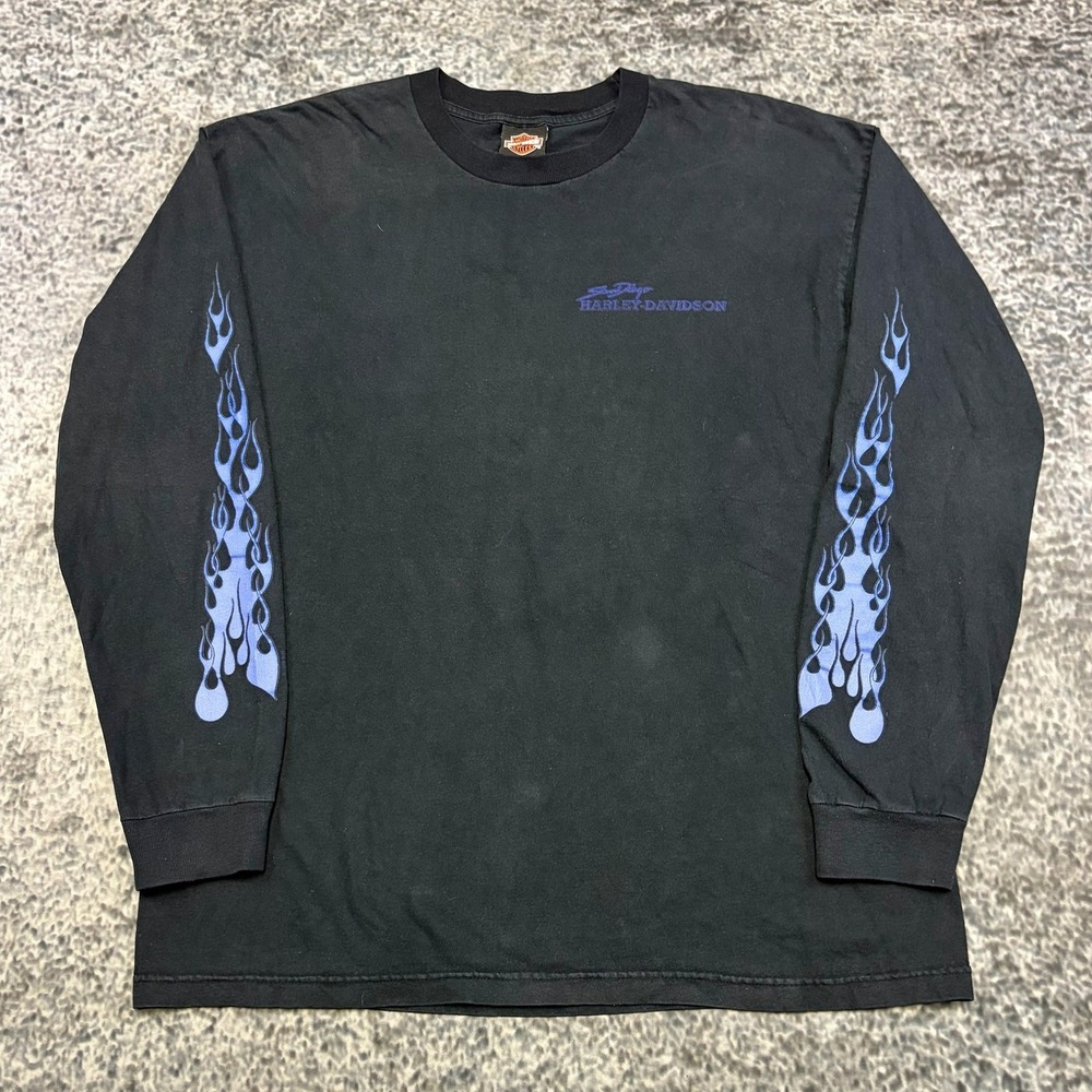 Vintage Harley Davidson Blue Flames Long Sleeve Shirt Mens XL Black Double Sided